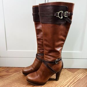 Cole Haan NikeAir Poppy Brown Leather Heeled Buckled Riding Boots Size 6B Womens